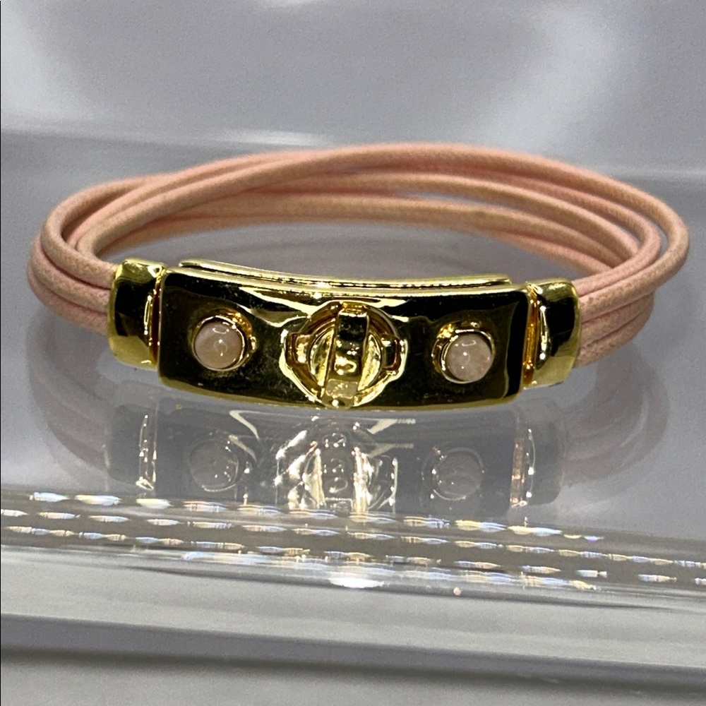 NWOT Genuine Rose Quartz Gemstone Pink Cord Bronze Clasp Designer Bracelet